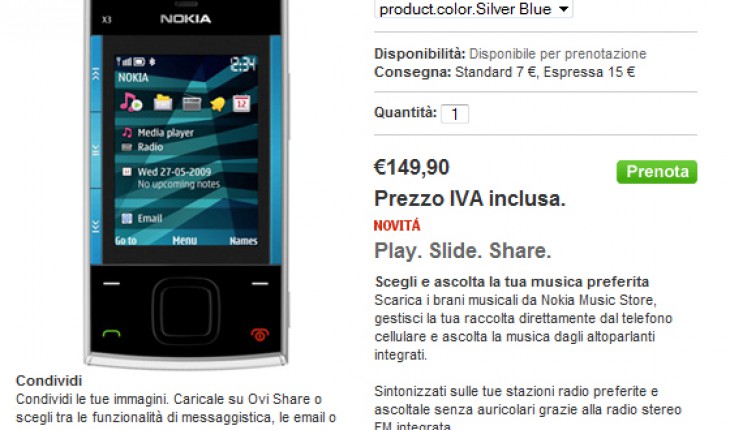 Nokia X3-00 a 149 Euro su Nokia Online Shop