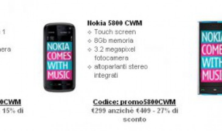 Sconti fino al 30% per Nokia 5130, 5800 e X6 Comes With Music