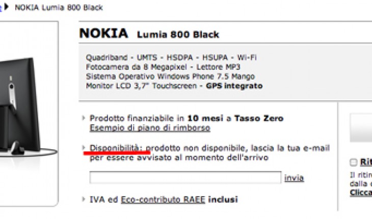 Il Nokia Lumia 800 sul sito di Mediaworld
