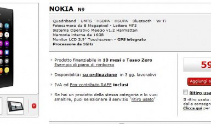Il Nokia N9 disponibile (su ordinazione) a 599 Euro sul sito MediaWorld