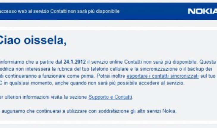 L’accesso web al servizio Contatti di Nokia non sarà più disponibile dal 24.1.2012
