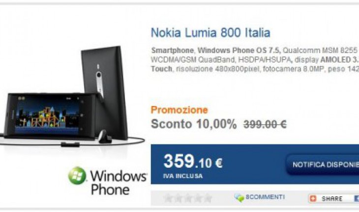 Il Nokia Lumia 800 in promozione a 359 Euro su Marco Polo Shop