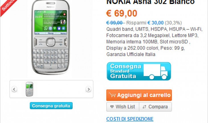 Nokia Asha 302 in offerta a 69 Euro con consegna gratuita su Saturn.it fino al 28 Novembre