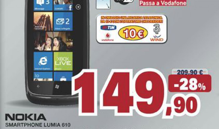 Nokia Lumia 610 a 149 Euro nei negozi Unieuro con ricarica telefonica da 10 Euro in omaggio