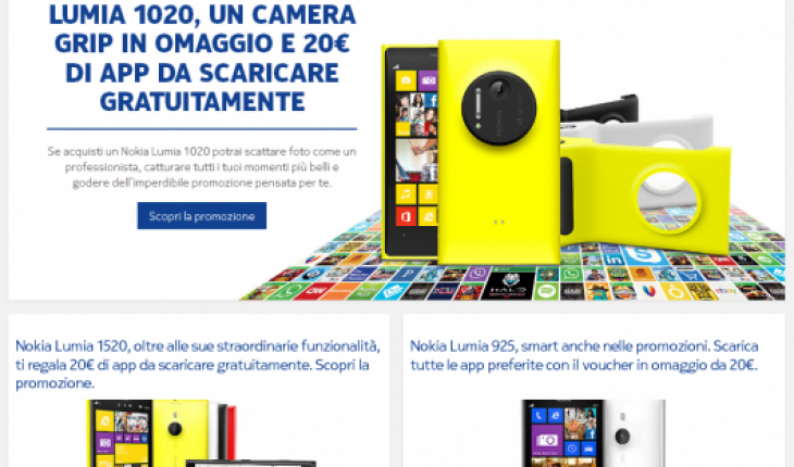 Offerta Nokia: acquista un Lumia 1520, 1020 o 925 e avrai 20 Euro da spendere sullo Store (con Lumia 1020 anche il Camera Grip!)