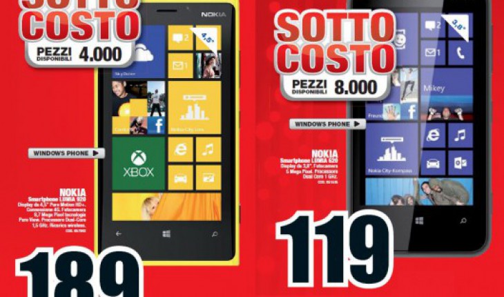 Sottocosto MediaWorld: Nokia Lumia 920 a 189 Euro e Nokia Lumia 620 a 119 Euro dal 14 dicembre