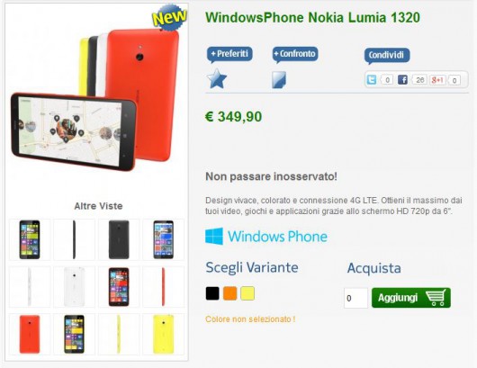 Nokia Lumia 1320 disponibile all'acquisto su NStore