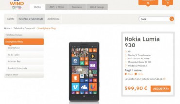 Nokia Lumia 930 nel catalogo Wind a 599 Euro e Nokia Lumia 630 a soli 99 Euro con Poste Mobile