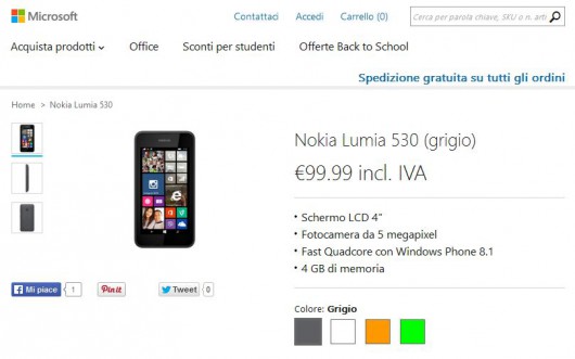 Nokia Lumia 530 sul Microsoft Store