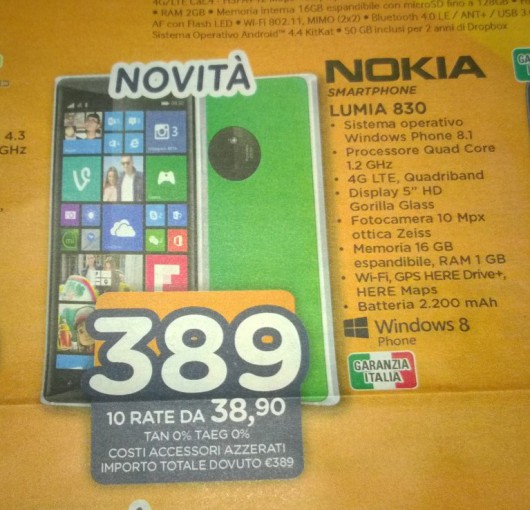 Nokia Lumia 830 a 389 Euro da Unieuro