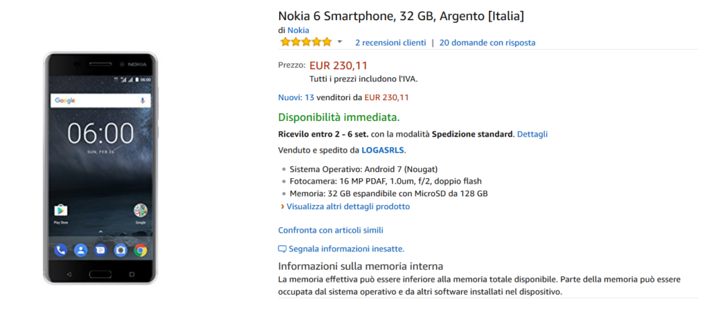 Nokia 6 su Amazon